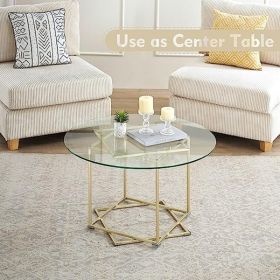 Coffee table, glass coffee table with gold frame round and glass top for home office, metal table legs, home decor accent cocktail table