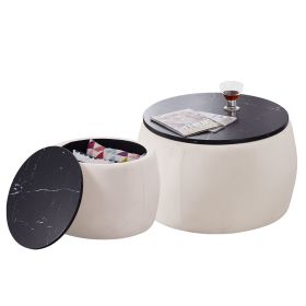 Set of 2 Nesting Round Storage Ottoman; Coffee Table Footstool with MDF Cover for Living Room; Bedroom; Top Ï†650*450; Ï†480*390; Beige