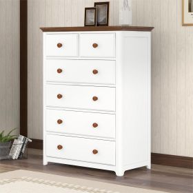Rustic Wooden Chest with 6 Drawers; Storage Cabinet for Bedroom; White+Walnut