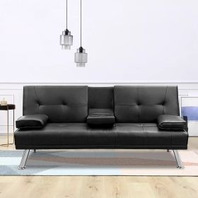 MEGA Futon Sofa Bed; Modern Faux Leather Convertible Folding Lounge Sofa for Living Room with 2 Cup Holders Removable Soft Armrests and Sturdy Metal L