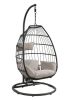 Old Patio Hanging Chair with Stand; Beige Fabric & Black Wicker