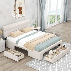 Queen Size Upholstery Platform Bed with Four Drawers; Beige