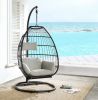 Old Patio Hanging Chair with Stand; Beige Fabric & Black Wicker