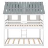 Twin over Twin Size Low Bunk Beds with Roof and Fence-shaped Guardrail, White