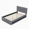 Full Size Linen Upholstered Platform Bed With a Drawer and Storage Shelves