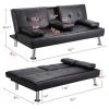 MEGA Futon Sofa Bed; Modern Faux Leather Convertible Folding Lounge Sofa for Living Room with 2 Cup Holders Removable Soft Armrests and Sturdy Metal L