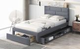 Full Size Linen Upholstered Platform Bed With a Drawer and Storage Shelves