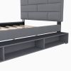 Full Size Linen Upholstered Platform Bed With a Drawer and Storage Shelves