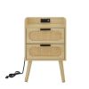Rattan nightstand with socket side table natural handmade rattan(2PC; Natural ; 15.55''W*13.78''D*23.82''H)