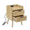 Rattan nightstand with socket side table natural handmade rattan(2PC; Natural ; 15.55''W*13.78''D*23.82''H)