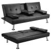 MEGA Futon Sofa Bed; Modern Faux Leather Convertible Folding Lounge Sofa for Living Room with 2 Cup Holders Removable Soft Armrests and Sturdy Metal L
