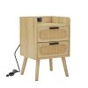 Rattan nightstand with socket side table natural handmade rattan(2PC; Natural ; 15.55''W*13.78''D*23.82''H)