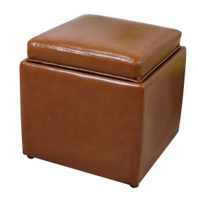 Square Storage Ottoman with Tray Faux Leather Upholstered Footrest Stool (Color: Brown)