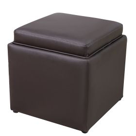 Square Storage Ottoman with Tray Faux Leather Upholstered Footrest Stool (Color: Dark Brown)