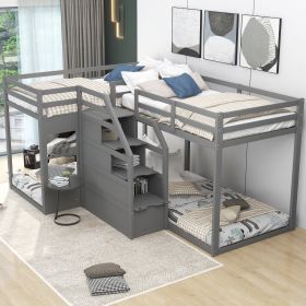 Twin over Twin L-Shaped Bunk Bed with Built-in Middle Staircase (Color: Gray)