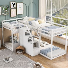 Twin over Twin L-Shaped Bunk Bed with Built-in Middle Staircase (Color: White)