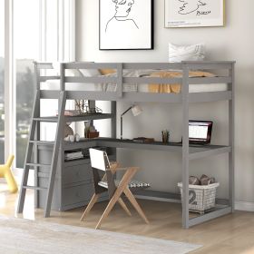 Twin Size Loft Bed with Desk and Shelves;  Two Built-in Drawers (Color: Gray)