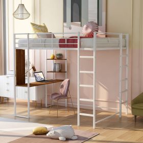 Full Size Metal Loft Bed with 2 Shelves and one Desk (Color: White)