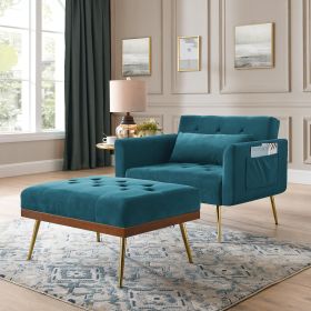 Recline Sofa Chair with Ottoman;  Two Arm Pocket and Wood Frame include 1 Pillow;  Teal (40.5'x33'x32') (Color: Teal Blue)