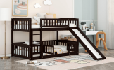 Bunk Bed with Slide; Twin Over Twin Low Bunk Bed with Fence and Ladder for Toddler Kids Teens