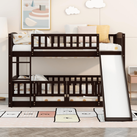 Bunk Bed with Slide; Twin Over Twin Low Bunk Bed with Fence and Ladder for Toddler Kids Teens (Color: Espresso)