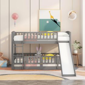 Bunk Bed with Slide; Twin Over Twin Low Bunk Bed with Fence and Ladder for Toddler Kids Teens (Color: Grey)