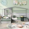Wood House Bed Twin Size;  2 Twin Solid Bed L structure with fence and slatted frame