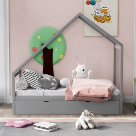 Twin Size Wooden House Bed With Twin Size Trundle (Color: Gray)