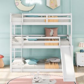 Twin over Twin over Twin Adjustable Triple Bunk Bed with Ladder and Slide (Color: White)