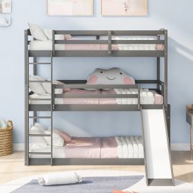 Twin over Twin over Twin Adjustable Triple Bunk Bed with Ladder and Slide (Color: Gray)