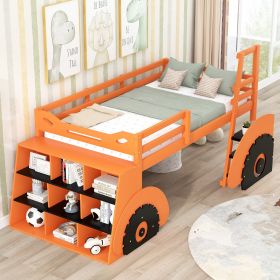 Twin Size Forklift Car-Shaped Loft Bed with Storage Shelves (Color: Orange)