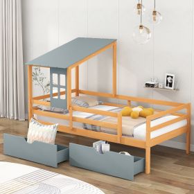 Twin Size House Low Loft Bed with Two Storage Drawers (Color: Natural+Gray)
