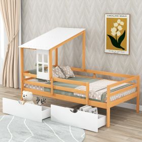 Twin Size House Low Loft Bed with Two Storage Drawers (Color: Natural+White)