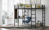 Full Size Metal Loft Bed with 2 Shelves and one Desk