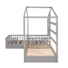 Wood House Bed Twin Size;  2 Twin Solid Bed L structure with fence and slatted frame