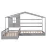 Wood House Bed Twin Size;  2 Twin Solid Bed L structure with fence and slatted frame