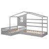 Wood House Bed Twin Size;  2 Twin Solid Bed L structure with fence and slatted frame