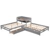 Full Size L-shaped Platform Beds with Twin Size Trundle and Drawers Linked with Built-in Rectangle Table