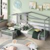 Wood House Bed Twin Size;  2 Twin Solid Bed L structure with fence and slatted frame