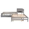Full Size L-shaped Platform Beds with Twin Size Trundle and Drawers Linked with Built-in Rectangle Table