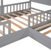 Wood House Bed Twin Size;  2 Twin Solid Bed L structure with fence and slatted frame