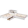 Full Size L-shaped Platform Beds with Twin Size Trundle and Drawers Linked with Built-in Rectangle Table