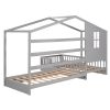 Wood House Bed Twin Size;  2 Twin Solid Bed L structure with fence and slatted frame