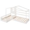 Wood House Bed Twin Size;  2 Twin Solid Bed L structure with fence and slatted frame
