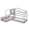 Wood House Bed Twin Size;  2 Twin Solid Bed L structure with fence and slatted frame