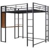 Full Size Metal Loft Bed with 2 Shelves and one Desk
