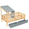Twin Size House Low Loft Bed with Two Storage Drawers