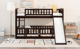 Bunk Bed with Slide; Twin Over Twin Low Bunk Bed with Fence and Ladder for Toddler Kids Teens