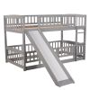 Bunk Bed with Slide; Twin Over Twin Low Bunk Bed with Fence and Ladder for Toddler Kids Teens