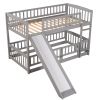 Bunk Bed with Slide; Twin Over Twin Low Bunk Bed with Fence and Ladder for Toddler Kids Teens